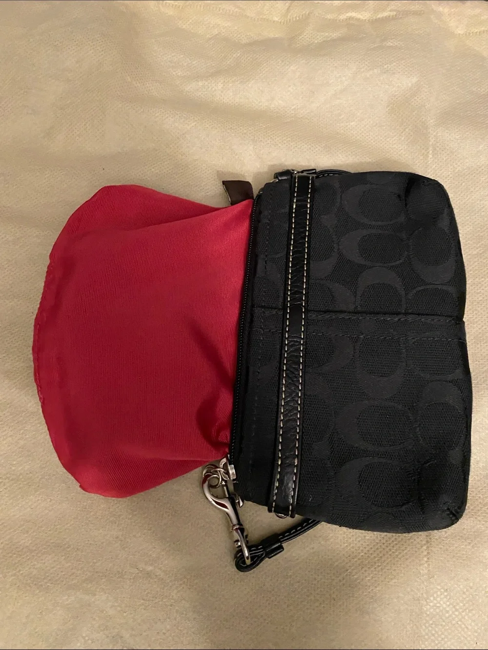 Coach Black Wristlet with Metallic Silver Center Stripe